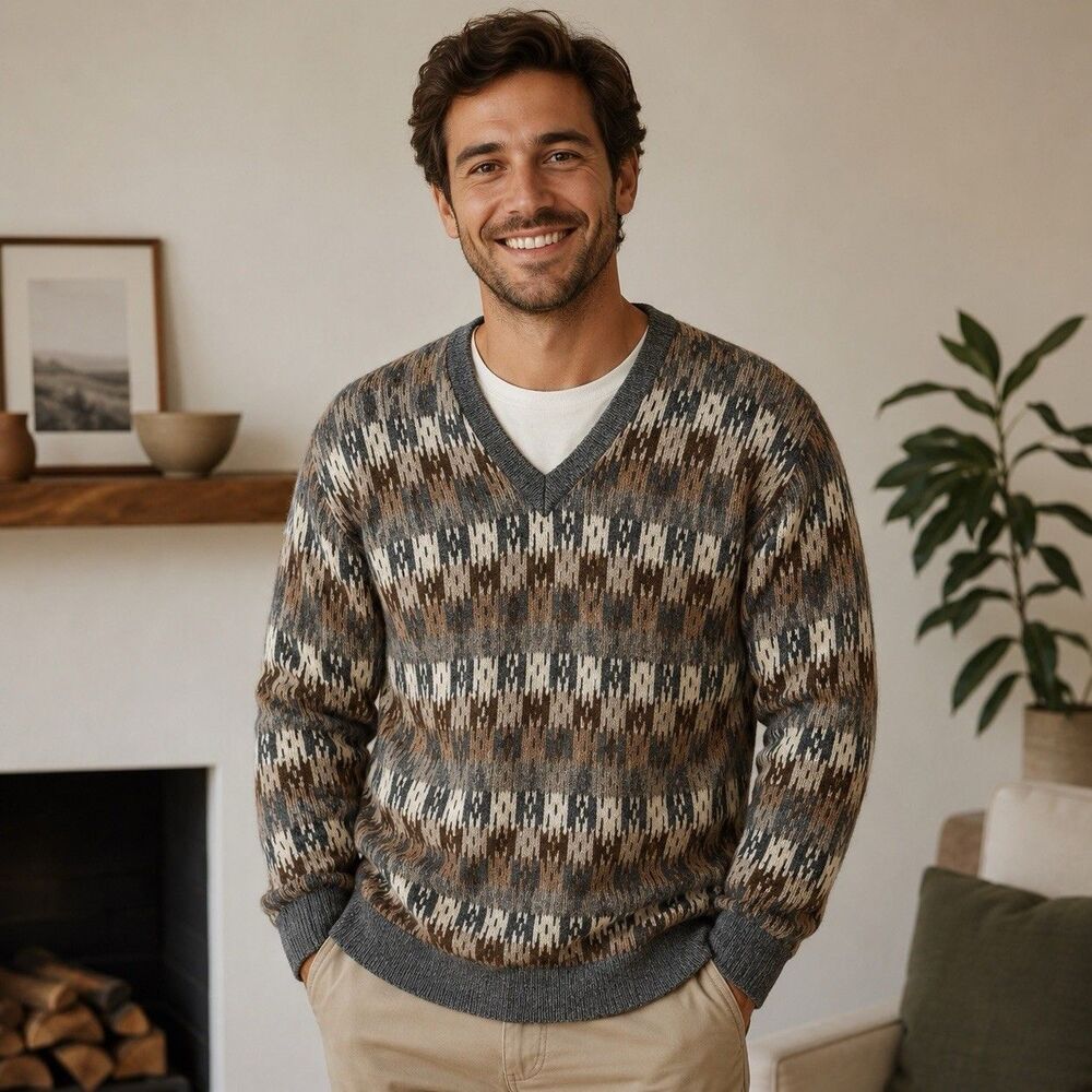 Classic Alpaca Sweater Men XXL Geometric Grandpacore Preppy Office Siren